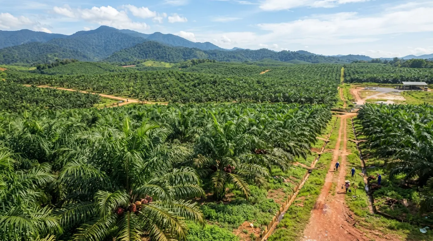 Kebun kelapa sawit yang subur dengan daun menghijau di Batu Pahat